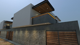 Fachada de concreto y madera con iluminación perimetral