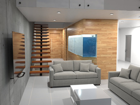 Interior con muro de madera y escalera flotante